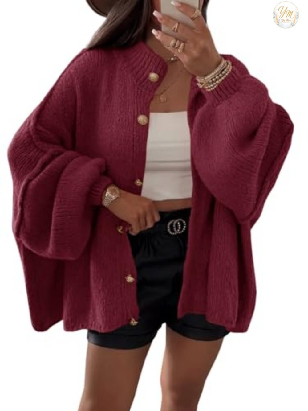 Oversized Lantern Sleeve Button Down Chunky Knit Cardigan Sweater Coat